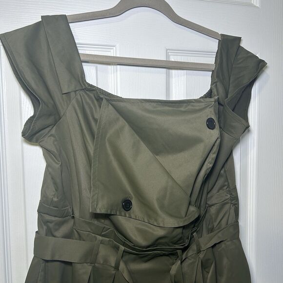 STAR STYLE Women Olive Green Cap Sleeve Trench-Style Belted Midi Dress SZ 1X - Picture 2 of 8